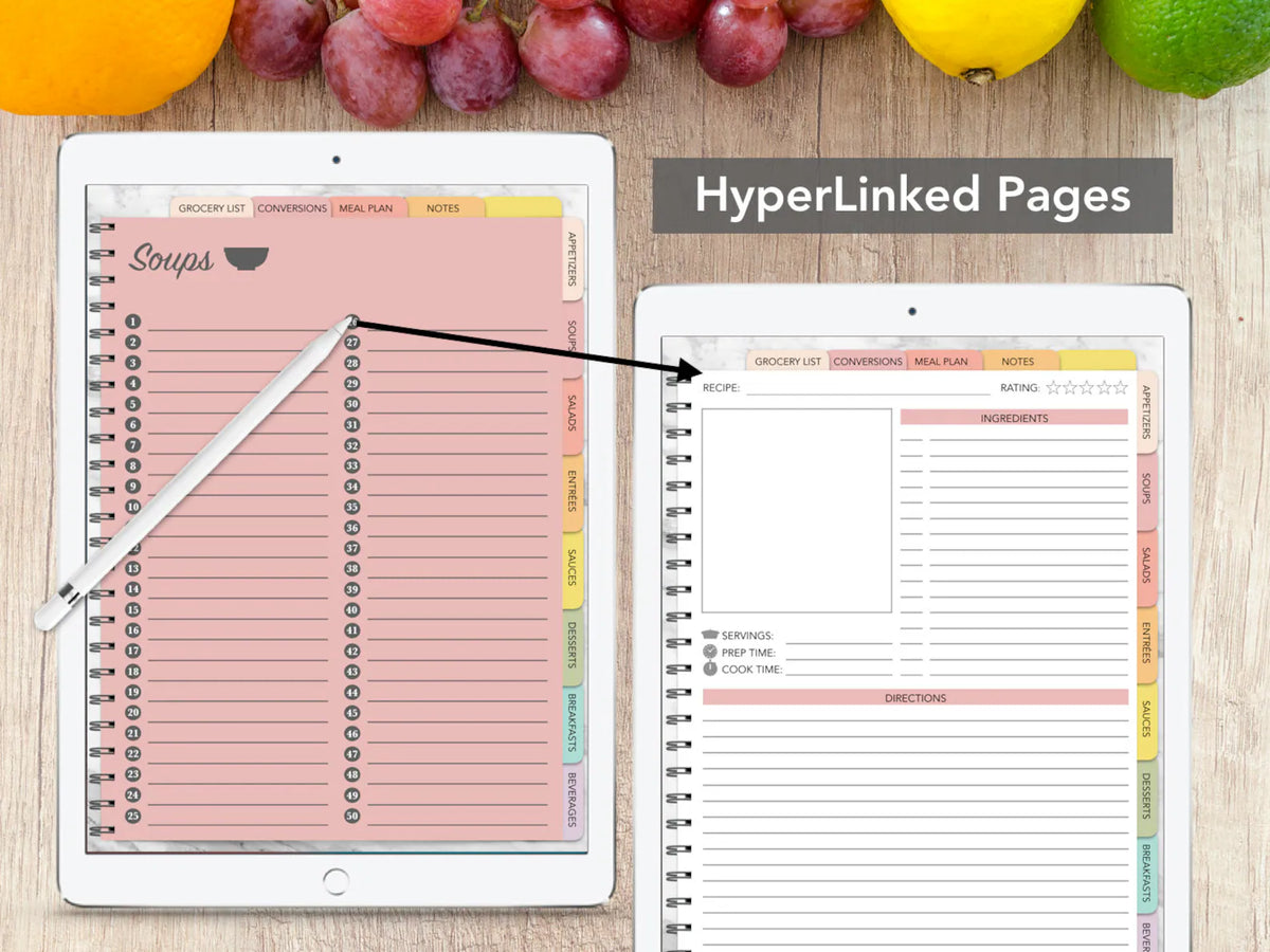 Digital Recipe Book - Hyperlinked Goodnotes Vertical Planner